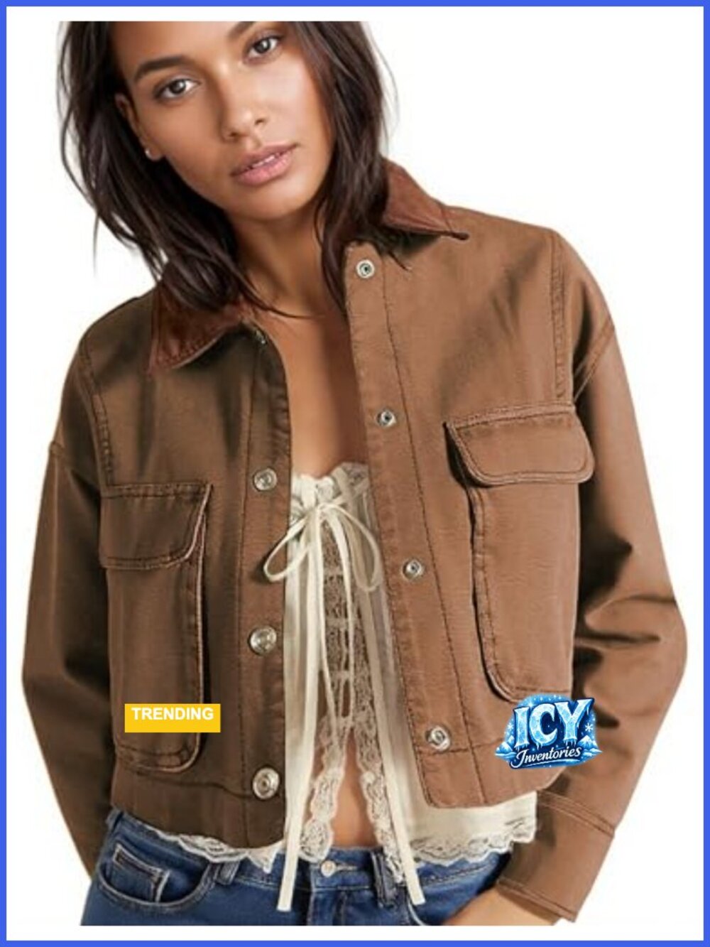 Women's Cotton Cropped Barn Jacket Long Sleeve Button Front Casual Coat